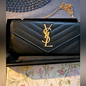 Black Quilted Wallet/Clutch with Gold Chain